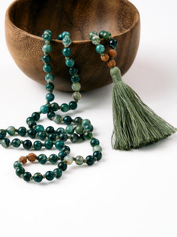 Mala Bead Necklace - Green Moss Agate