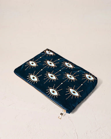 Elizabeth Scarlett Velvet Everyday Pouch - Ink Blue Mystical Eye