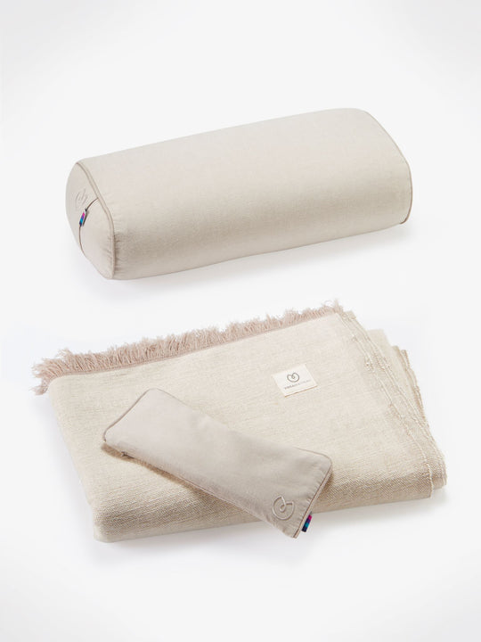 Luxury meditation kit meditation cushion blanket lavender eye pillow meditation set restorative yoga home floor cushion elevated home organic sustainable eco friendly bolster compact mini easy store beginner small meditation starter beginner new cotton mushroom taupe neutral beige warm pink mellow soft